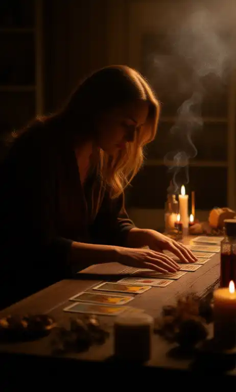 Обряд гадания на Таро — гадалка проводит эзотерический ритуал при свечах