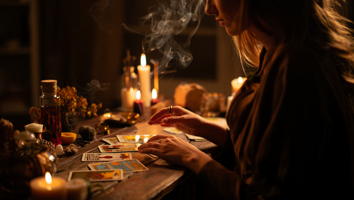 Обряд гадания на Таро — гадалка проводит эзотерический ритуал при свечах